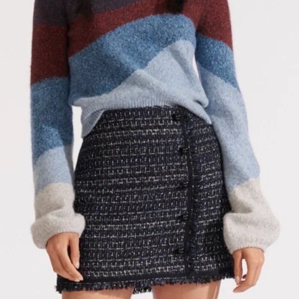 Veronica Beard Mirabelle Tweed Button Front Mini Skirt Size 8 Navy Metallic